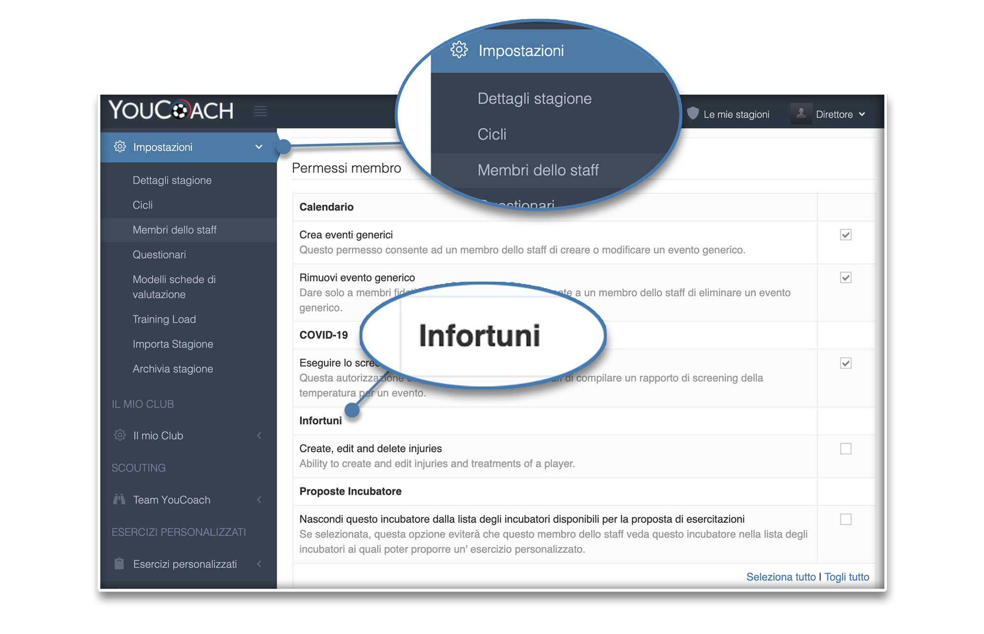 Funzione infortuni - assegnare i permessi allo staff