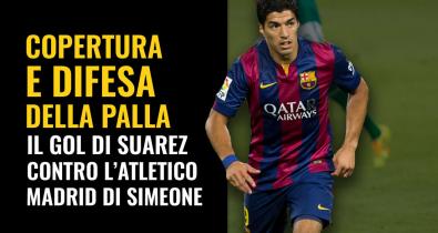 Difesa della palla e gol: la rete di Suarez contro l’Atletico Madrid