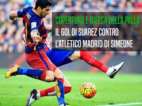 Difesa della palla e gol: la rete di Suarez contro l’Atletico Madrid