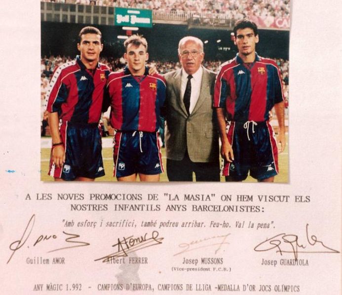 Foto from 1992 which was displayed for many years at La Masia (FC Barcelona academy), depicting Guillem Amor, Albert Ferrer, Josep Mussons and Josep Guardiola. Foto from 1992 which was displayed for many years at La Masia (FC Barcelona academy), depicting Guillem Amor, Albert Ferrer, Josep Mussons and Josep Guardiola.